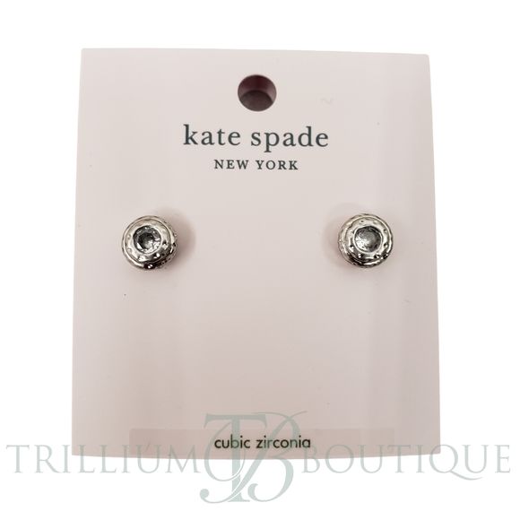 KATE SPADE Bezel CZ Elegant Edge Hammered Round Stud Earrings Clear Silver NWT - Picture 3 of 5